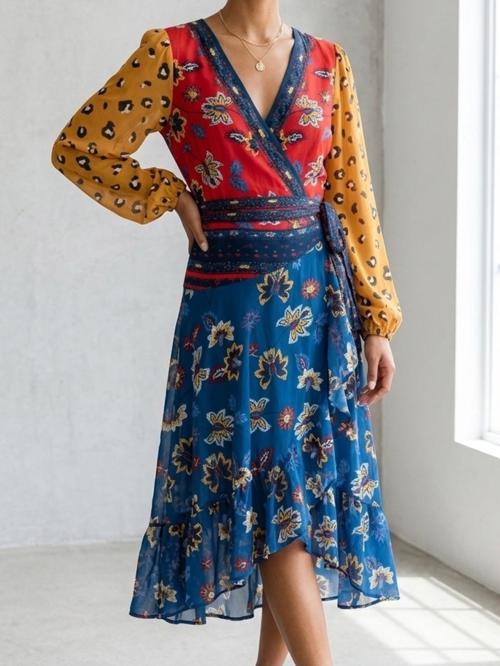 Flying Tomato Floral Mix Dress in Blue, Pink & Yellow